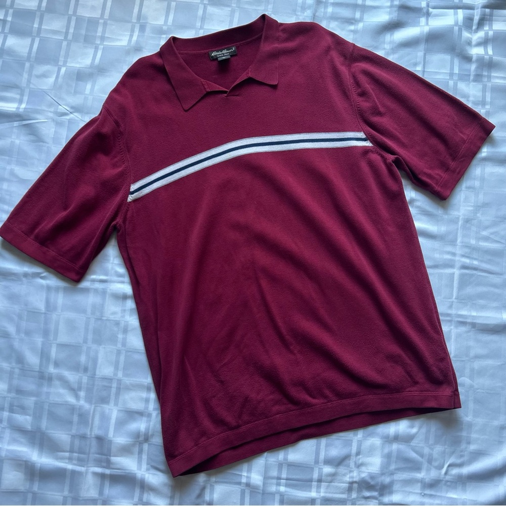 Eddie Bauer Vintage Short Sleeve Red Polo Shirt with Center Striped Detail